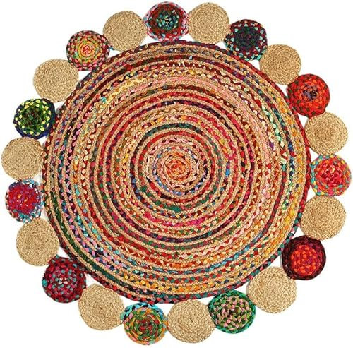 GRUHUM 90x90 cm Jute-Baumwoll-Teppich – Naturfaser, rund, handgefertigt, Boho-Charme, Bauernhaus, bunter Jute-Teppich, weicher geflochtener Teppich für drinnen und draußen, Küche, Flure, Eingänge