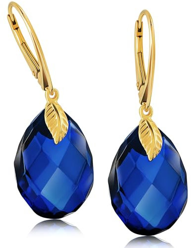 Amber by Mazukna - Blaue Bernstein Tropfen Ohrringe, Dunkelblau, Hängend Edelstein Schmuck für Frauen, mit Vergoldetem Silber-Ag925-Verschluss