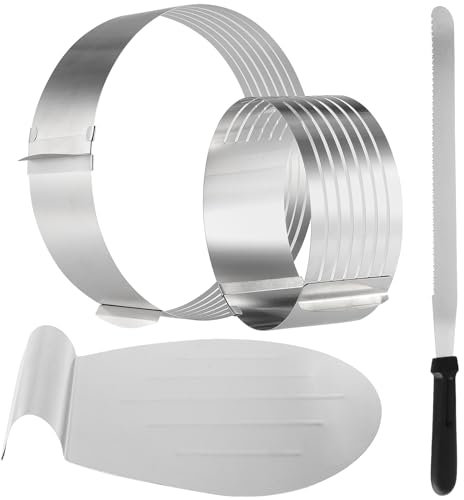 ZEONHEI 4 Stück Tortenboden Schneidehilfe, 2 Tortenschneider Rund Set mit 1 Konditormesser, 1 Tortenheber Edelstahl,15-20cm/25-30cm Tortenring Verstellbar, Schneiden von 7 Böden