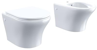 Sanitari in Ceramica Sospesi Vaso Bidet Rimless Bianco Lucido Sedile Soft-close Chiusura Rallentata Mod. Nassau