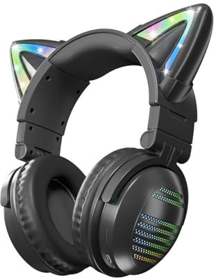 fesoklaf Audífonos de orejas de gato, plegables, inalámbricos, Bluetooth 5.3, para juegos, con luz LED RGB, con cable, sonido estéreo, auriculares sobre la oreja, regalo para niños y adultos