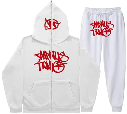 Gefomuofe Minus Two Traje para hombre, Y2K Chándal de 2 piezas, traje de entrenamiento ligero para invierno, traje deportivo unisex con capucha y pantalones Y2K con capucha y cremallera, Blanco 03, XL