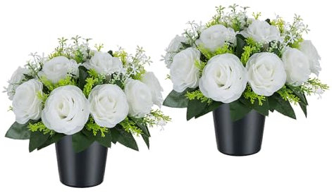 BLOSMON Artificial Grave Flowers Pots: 2 Pcs White Rose Silk Cemetery Flower Funeral Outdoor Decoration Memorial Floral Decorative Graveside Ornaments Fake Bouquet