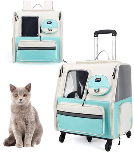 RUYICZB Rollierter Haustierträger Hunderucksack Katzenrucksack Mit Trolley 2 in 1 Bis 8 Kg, Faltbare Katzenrucksack Große Transportbox Mit Mesh Fenster Für Kleine Hunde,Grün