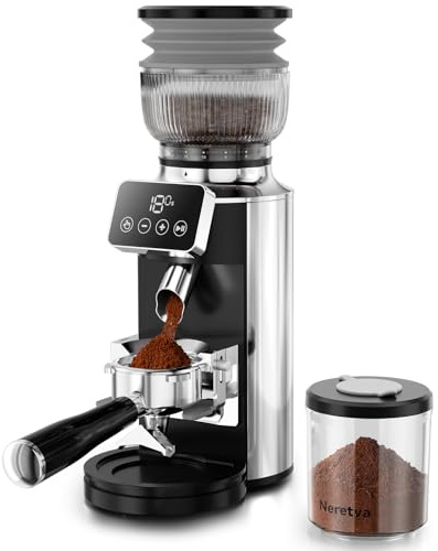 Neretva Espresso Grinder, 2 in 1 Professional Coffee Bean Grinder Stainless Steel Suit 51~58mm Portafilter Burr Coffee Grinder 30 Precise Setting&Anti-Static for Espresso/French Press/Drip/Moka-Silver