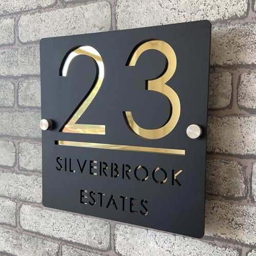 Placa de Número de Casa Personalizada 3D en Acrílico Negro y Dorado, Números Flotantes, Señalización Resistente al Clima para Puerta Interior y Exterior, Ideal para Hogar, Hotel, Apartamento, Tienda