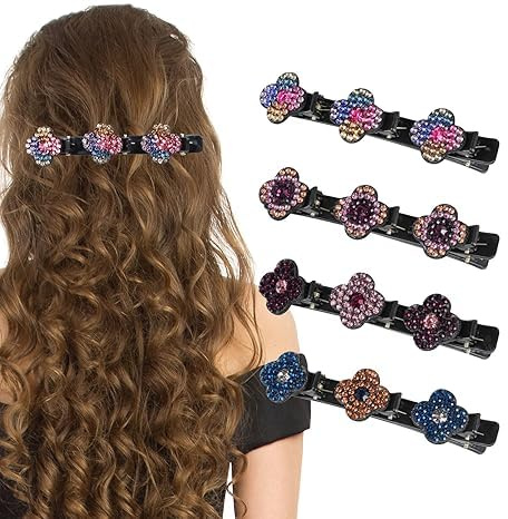 HOIDOKLY Lot de 4 barrettes à cheveux tressées en forme de colibri scintillantes avec fleur de cristal, double couche, mini pinces à cheveux en strass
