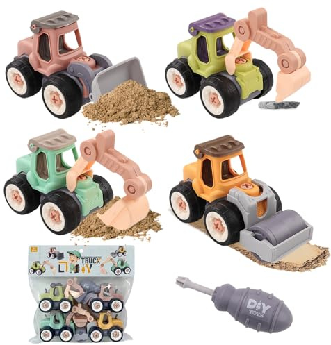 XIATIAN 4 in 1 Construction Vehicles Digger Toys Set, Construction Toys for 3 Year Old, Excavator Truck Toy with Screwdriver, Building Educational Toy Diggers for 3 Year Old (Morandi)