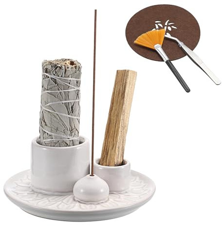 SUMTree Weiß Keramik Räucherstäbchenhalter 4 in 1 Räuchern Halter Teardrop Wohndekor Räucherschale mit Pinzette, mat und Bürste Räucherstäbchen Halter für Räucherstäbchen, Palo Santo, Weißer Salbei
