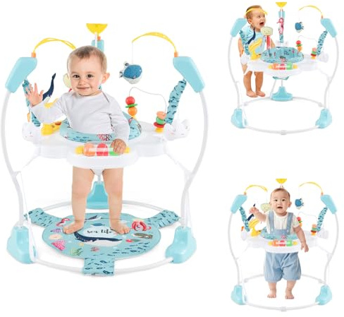 HONEY JOY Baby Bouncer Activity Center, Infant Jumper and Table w/ 360° Rotary Seat, 3 Adjustable Heights, Mat, Music, Lights, Sounds & Developmental Toys, Activity Center for Babies (Light Blue)