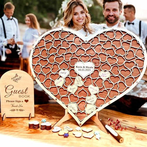 Wedding Guest Book Unique Wooden Heart Shaped Alternative GuestBook Bridal Shower Birthday Baptism Graduation Wedding Decoration with 83 Wooden Hearts 1 Sign Pen Set (Color1- No Custom)