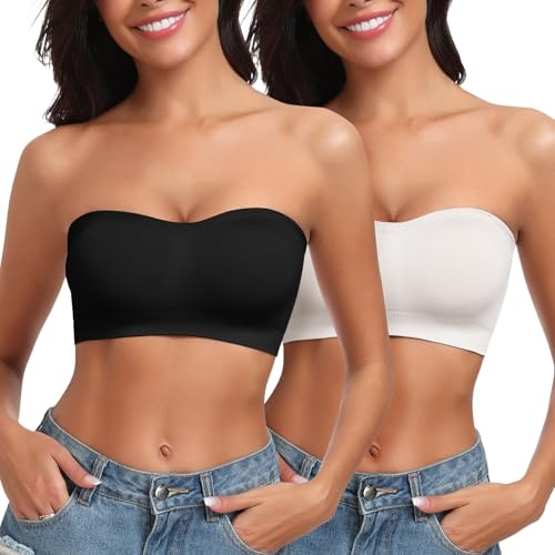 LEYSHE Bandeau BH axelbandslös bh utan bygel sömlös tub topp bh vadderad bandeau topp med transparenta remmar, Svart och vit 2-pack, XL