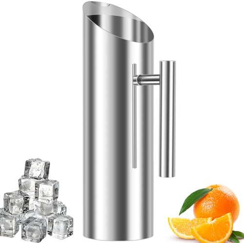 Stainless Steel Water Pitcher Carafe Fridge with Handle & Ice Guard Metal Jug for Milk Juice Iced Tea Rustproof Silver Polished Pitcher for Home Office(1.5 L)