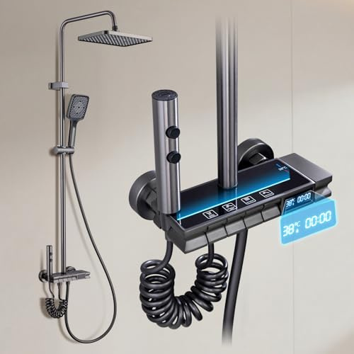 YJYAJIE Colonna Doccia con Miscelatore, 4 Modalità Set Doccia con Soffione e Doccetta Quadrato, Display a LED, Altezza Regolabile, Getto, Rubinetto, Antibruciore, Nera