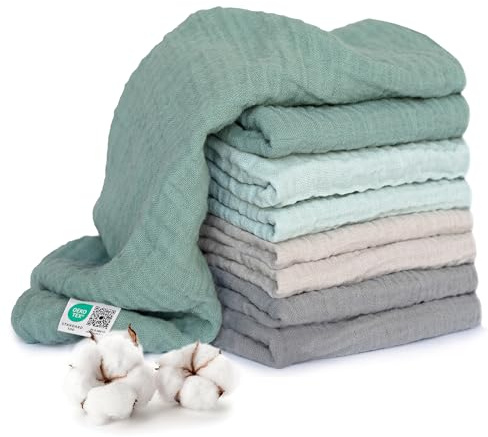 MAKIAN Mullwindeln 8er Pack, 70x70 cm, Oeko-TEX® Standard 100 geprüft, 8 Spucktücher in Premium Qualität - doppelt gewebte Stoffwindeln/Mulltücher - Iceberg Green/Weiß/Mint/Grau