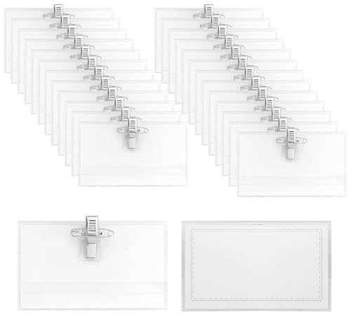 25 st genomskinliga namnskyltar, 90 x 56 mm PVC ID-kortshållare med klämma & nål - för skola, kontor, konferens & resor