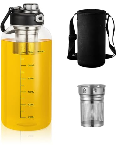 Bouteille Verre 1.5L, Carafe Eau Verre en Borosilicate Épais et Résistant, avec Infuseur à Thé, Idéale comme Bouteille Infuseur à Thé pour le Thé Glacé ou Chaud, Facile à Nettoyer (Noir, 1.5, Litres)
