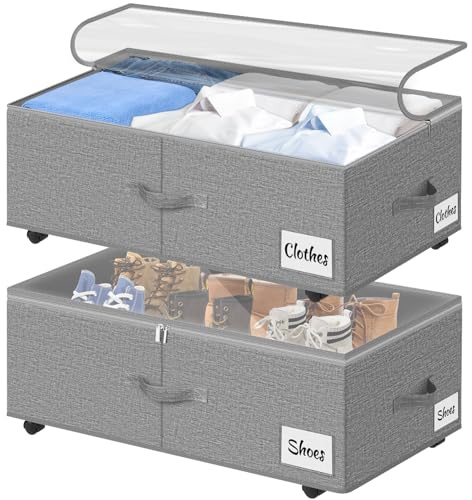 Kukikan Contenitore sotto il letto su ruote, confezione da 2 pezzi, 24 cm, XXL, 60 l, borsa portaoggetti con cerniera, facile da montare, con coperchio ed etichetta, cassetti sotto il letto per