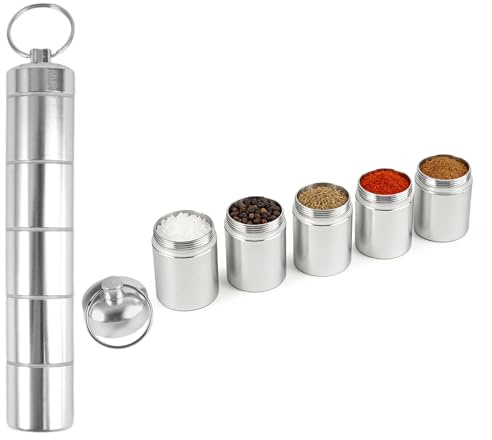 Set med 5 i 1 mini kryddburkar | Rostfritt stål, bärbara kryddburkar utomhus, picknick, grill, resor och
