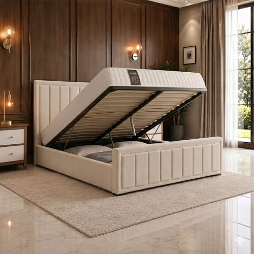 SANA SLEEP Ottoman Designer Plush Velvet Upholstered Bed Frame With Storage Option (Plush Cream, 5FT-Ottoman Storage & Mattress)