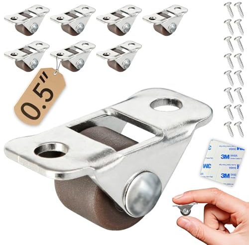 Mini Fixed Drawer Rubber Caster Wheels, 0.5 Inch, Non Swivel Craft recessed Caster Wheels, Set of 8, 1/2 Inch Small Rigid Low Profile Adhesive Stick Castors, for Home Furniture and Under-Bed Storage
