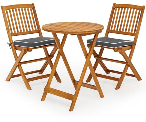 Helloshop26 Lot de 3 Ensemble Bistro Pliant pour Patio 60 x 74,5 cm Chaise Ergonomique avec Coussins Doux Ambiance Naturelle en Bois d'acacia Gris 20_0011739