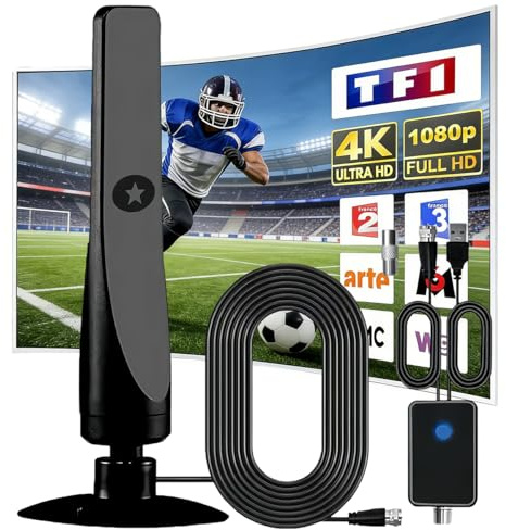 Antenna TV Interna, Antenna TV Interna Esterna HDTV con Amplificatore di Segnale, Cavo Coassiale 3M, Supporto HD/4K/1080, Adatta per La Ricezione di Canali Locali