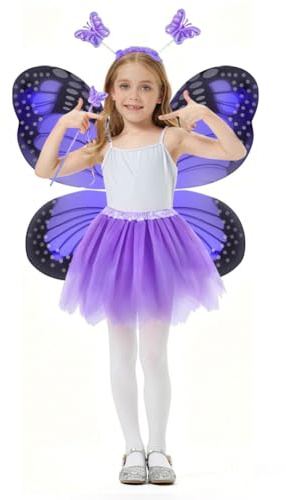 AYBUY kostym fjäril barn flickor, 4 stycken lila glänsande tutu med fjärilsvingar, lämplig för födelsedagsfest, cosplay, temafest, karneval, halloween, cosplay