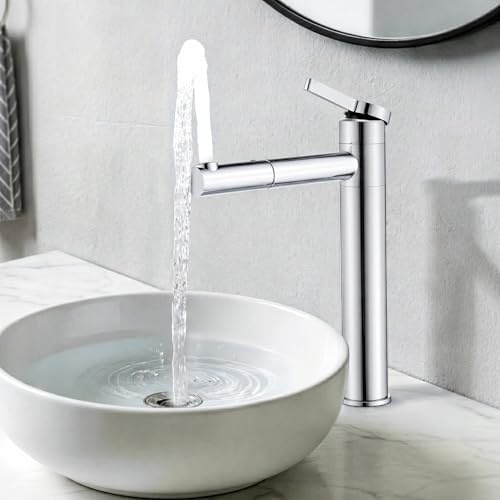 HOMELODY Rubinetto per lavabo, cromato alto, doppio beccuccio girevole a 360°, altezza del beccuccio 215 mm, rubinetto in acciaio inox, rubinetto per bagno, miscelatore monocomando per lavabo