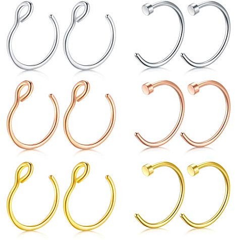 Mayhoop 12 Pezzi Finti Piercing Naso Piercing Naso 20G 8mm Acciaio Inossidabile Argento Oro Rosa Oro Piercing Labbro Finto Piercing Labbro Clip per Naso Labbro Donne Uomini