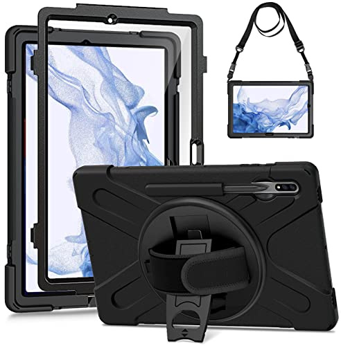 Gerutek Hülle für Samsung Galaxy Tab S10+/Tab S9+/Tab S9 FE+/Tab S7 FE/Tab S8+/Tab S7+ 12,4 Zoll mit Displayschutz, Stoßfeste Robust Panzerhülle mit Stifthalter Drehbar Stände Schultergurt,Schwarz