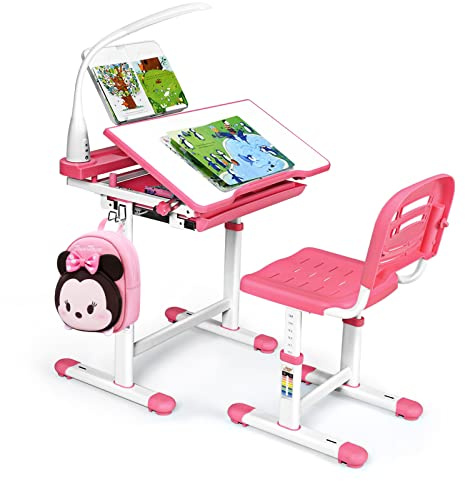 RELAX4LIFE Höhenverstellbarer Kinderschreibtisch mit Stuhl, Schülerschreibtisch mit Augenschutzlampe, Schreibtischset mit Verstellbarer Rückenlehne, Kindertisch mit kippbarer Tischplatte (Rosa)
