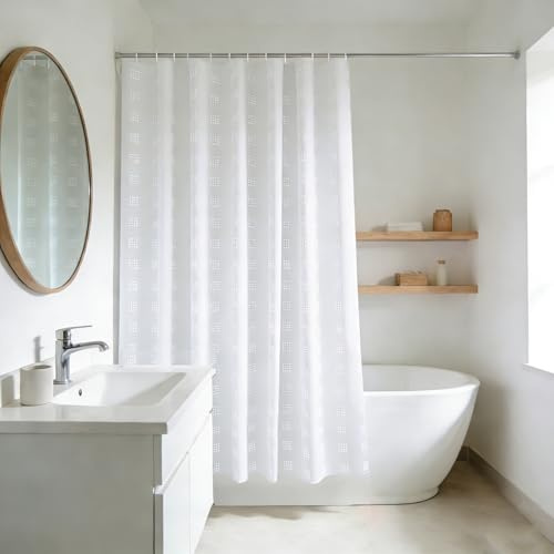 YISURE Short White Textured Water-repellent Shower Curtain 71x67 Inch | Fabric Wet Room Shower Curtain For Bathroom Tub, Includes Plastic Hooks