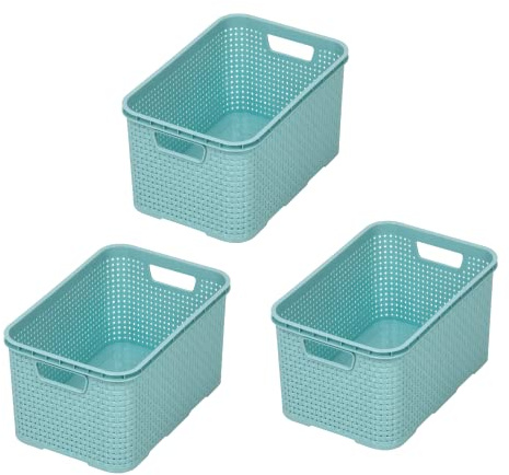 BranQ - Home essential Korb in Rattan Design 3er Set Grösse M 10 l, BPA-frei Kunststoff PP, Minze, 28,8x19,7x16,2 cm, 3 Stk.