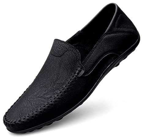 Men's Loafers Flat Breathable Casual Leather Moccasins Handmade Slip On Driving Business Shoes Matt Black Size 7.5