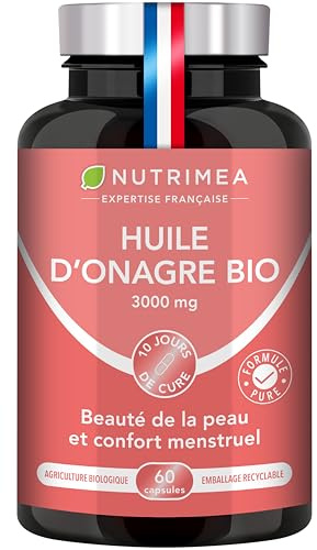 Huile d’Onagre BIO - 1500 mg dont 135 mg de GLA - Pression à Froid - 100% Naturel - Confort Prémenstruel et Beauté de la Peau - Qualité Premium - 60 Capsules - Nutrimea - Fabriqué en France