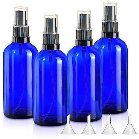 Topsky 4 X100ml Sprühflasche Glas Leer mit feinem Sprühnebel, leer, inkl. Trichter - Perfekt für ätherische Öle, Gesichtsspray und mehr(Blau)
