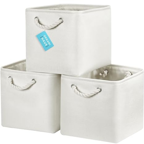 OrganiHaus Set di 3 Cubi Scatole Portaoggetti 28x28, Cestini Portaoggetti in Tessuto con Manici in Corda, Cubi Portaoggetti Pieghevoli per Libreria Kallax, Cestino per la Cameretta. Bianco