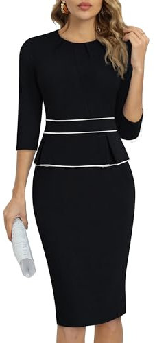 HOMEYEE Damen Vintage 3/4 Ärmel Rundhals Business Bleistiftkleid Bodycon Cocktail Etuikleid B980 (XXL, Schwarz)