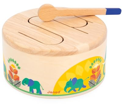Janod - Tamburo Gioia - Tamburo in Legno FSC + Bacchetta - Giocattolo Musicale di Imitazione - Vernice a Base d'Acqua - dai 18 Mesi, J07650