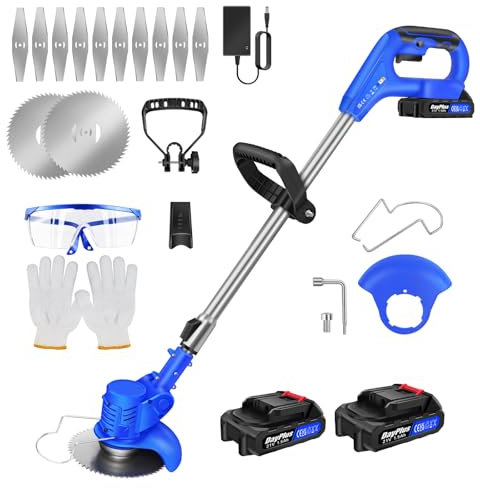 21V(21V MAX) Akku Rasentrimmer, rasenkantenschneider mit 90° drehbarer Trimmerkopf, 1 x 1,5 Ah Akku, für Rasenschneiden Rasenpflege Auffahrt und Garten, Blau