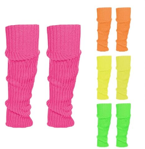 Calentadores de Piernas,4 pares 80 90 de Neón Calentadores de punto,Retro para Mujeres,Pierna de Color Neón,Algodón para Fiestas Temáticas de Disfraces,Carnaval,Gym Accesorios