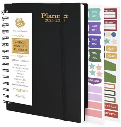 18 Monate Kalender Monatsplaner, JAN2025-JUN2026 Gebundenes To-Do-Listen Tagebuch, A5 Wochenübersicht Terminkalender, Spiralgebundenes Notizbuch mit Monatsregister 108 Aufklebern (Black)