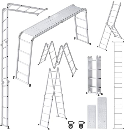 Froadp Scala multiuso 6 in 1, 4,7 m, pieghevole, multiuso in alluminio, con 2 ruote e piattaforma, multifunzione, portata fino a 150 kg
