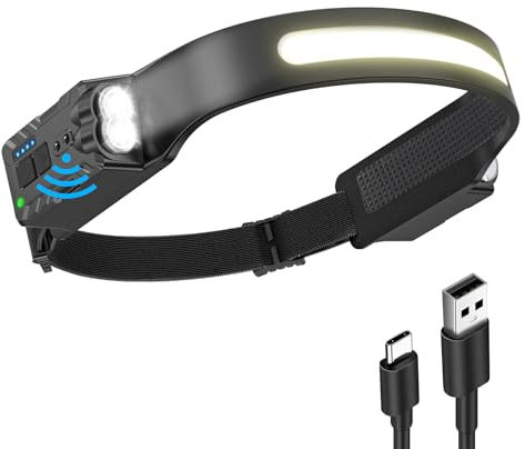 Diboniur Stirnlampe, Stirnlampe LED Wiederaufladbar mit 8 Leuchtmodi, 340° Weitwinkel Kopflampe mit Bewegungssensor, IPX4 Waterproof Stirnlampe LED für Laufen, Angeln, Radfahren, Camping