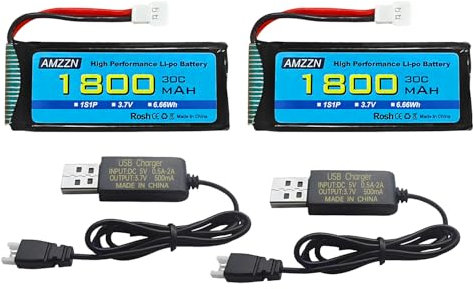 AMZZN 2PCS 3.7V 1800mAh 30C Lipo Battery with Molex Plug and USB Charging Cable Compatible with Most RC Drones,Quadcopters,Airplane Models,and Mini Remote-Controlled UAV