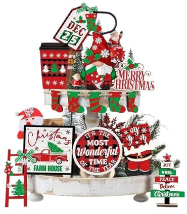 Christmas Multi-Tier Tray Decorations Set,Christmas Tiered Tray Decorations,14pcs Christmas Tray Decoration Set, Gnome Table Decorations | Dec
