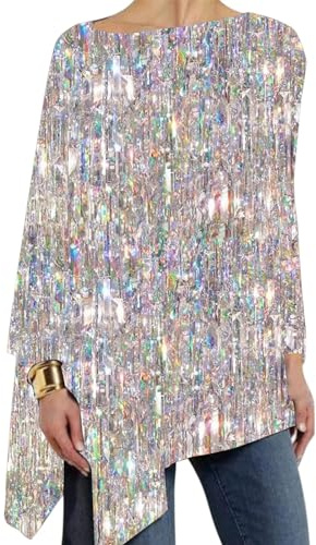 Yekdmxop Magliette con Paillettes Donna Elegante Taglie Forti Manica Lunga Blusa Strass Cerimonia T Shirt Argento Girocollo Maglia Curvy Glitter Oro Tops Capodanno Brillantini Camicia Sera Maglietta