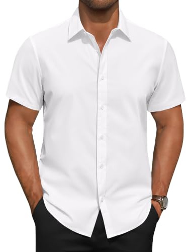 siliteelon White Shirt Mens Short Sleeved Shirts Stretch Smart Casual Shirt