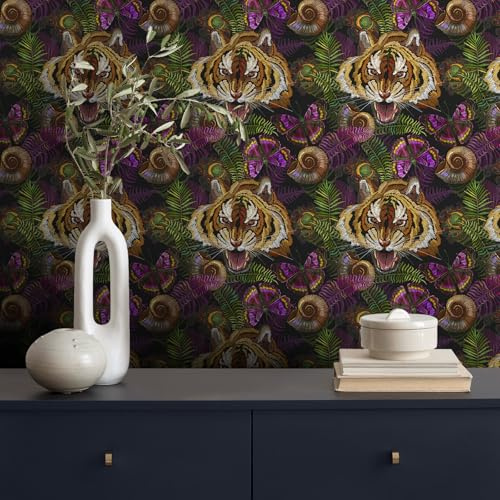 VaryFloral Animal Self Adhesive Wallpaper 30.5cmx300cm Black Contact Paper Tiger Floral Wallpaper Jungle Tropical Sticky Back Plastic Waterproof Sticky Vinyl Roll Kitchen Worktop Covering for Room